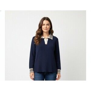 Vintage Sadimara Ribbed Knit Polo Size M Navy with Gold Trim Collar Cuff Sweater